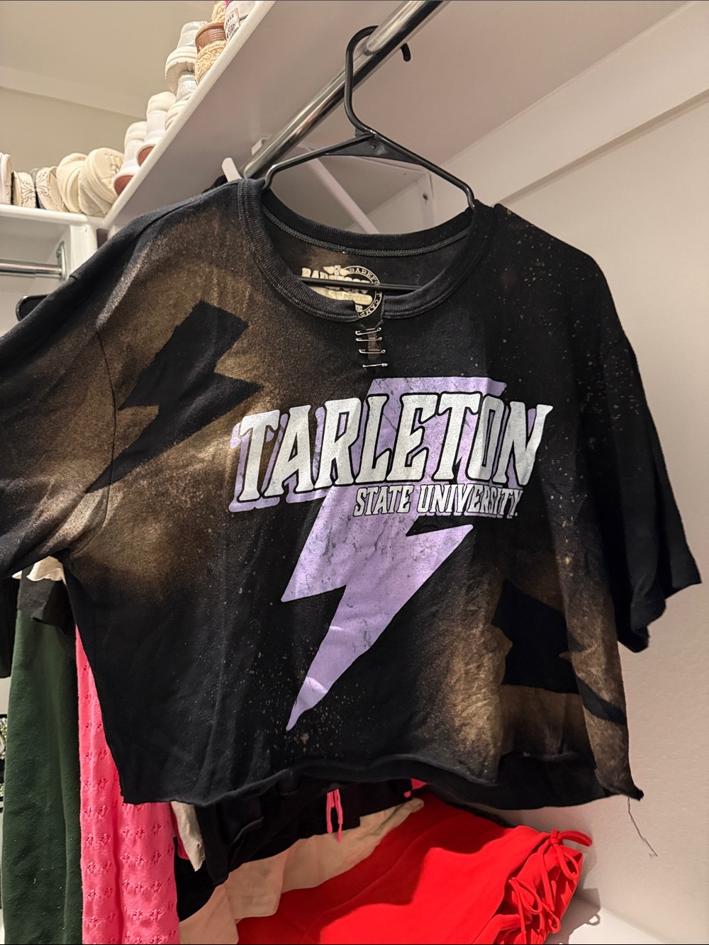 Tarleton State University Black Cropped Tee with Purple Lightning